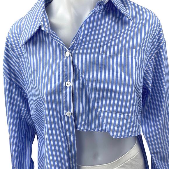 Atoir Women's Blue Striped Long Sleeve Cropped Button Down Shirt Top Size 10 - Picture 3 of 5